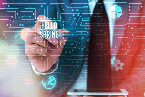 Texto de escritura de palabras Hello Spring. Concepto de negocio para dar la bienvenida a la temporada después del invierno Florecimiento de flores . — Foto de Stock
