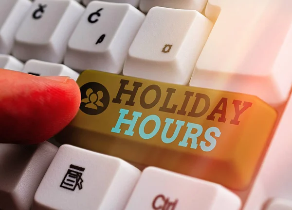 Writing note showing Holiday Hours. Business photo showcasing Overtime work on for employees under flexible work schedules.