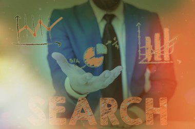 Arama 'yı gösteren not yazılıyor. İş fotoğrafçılığı bir şey bulmak için dikkatli bir şekilde araştırın..