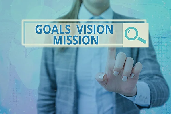 Textový znak znázorňující misi cíle vize. Koncepční proces praktického plánování, který slouží jako pomoc skupině komunit. — Stock fotografie