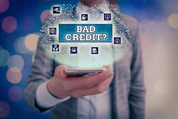 Conceptual hand writing showing Bad Creditquestion. Business photo showcasing inabilityof an individual to repay a debt on time and in full. — Stock Photo, Image