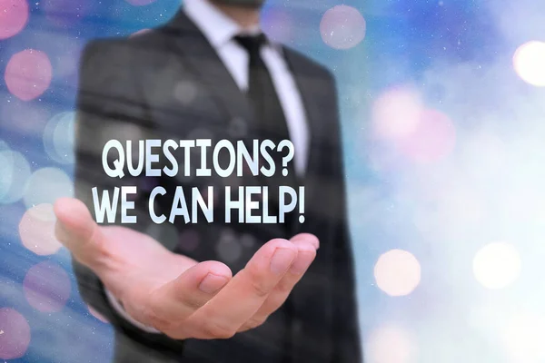 Εννοιολογική γραφή με το χέρι που δείχνει ερωτήσεις που μπορούμε να βοηθήσουμε. Business photo text προσφέροντας βοήθεια σε όσους θέλουν να ξέρουν. — Φωτογραφία Αρχείου