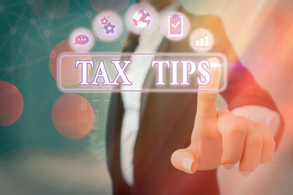 Conceptual hand writing showing Tax Tips. Business photo showcasing compulsory contribution to state revenue levied by government. — Stock Photo, Image