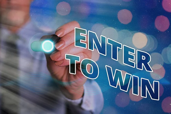 Writing note showing Enter To Win. Business photo showcasing exchanging something value for prize chance winning prize. — Stock Photo, Image