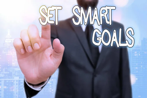 Writing note showing Set Smart Goals. Business photo showcasing list to clarify your ideas focus efforts use time wisely. — Stock Photo, Image