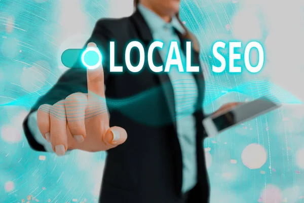 Konceptualny rękopis pokazujący Local Seo. Pokazywanie zdjęć biznesowych pomaga firmom promować produkty i usługi wśród lokalnych klientów. — Zdjęcie stockowe