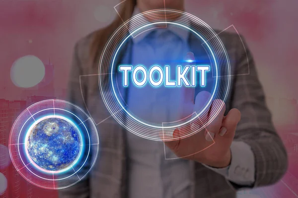 Conceptueel handschrift met Toolkit. Zakelijke foto presentatie set van gereedschappen bewaard in een zak of doos en gebruikt voor een bepaald doel Elementen van deze afbeelding geleverd door NASA. — Stockfoto