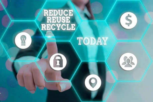Εννοιολογική γραφή χέρι δείχνει Μειώστε την επαναχρησιμοποίηση Ανακυκλώστε. Επιχειρηματικό φωτογραφικό κείμενο περιβαλλοντικά υπεύθυνη συμπεριφορά των καταναλωτών. — Φωτογραφία Αρχείου