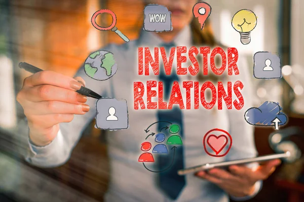 Textskylt som visar Investor Relations. Konceptuell fotohantering ansvar som integrerar finansiering. — Stockfoto