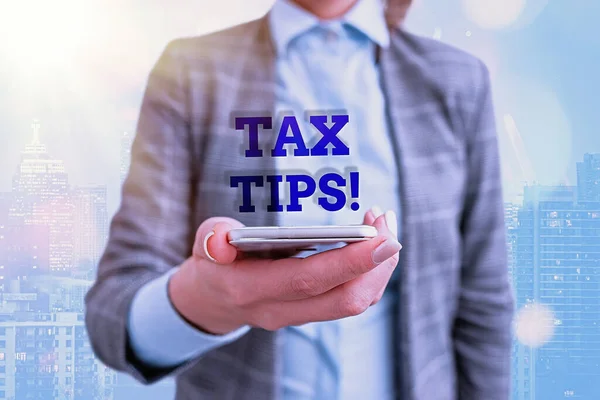 Conceptual hand writing showing Tax Tips. Business photo showcasing compulsory contribution to state revenue levied by government. — Stock Photo, Image