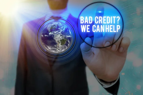 Writing note showing Bad Credit Question We Can Help. Business photo showcasing offering help after going for loan then rejected Elements of this image furnished by NASA. — Stock Photo, Image