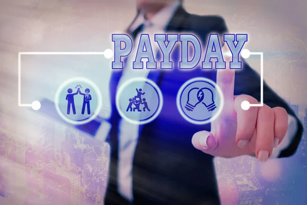 Scrittura concettuale a mano che mostra Payday. Foto di lavoro testo un giorno in cui qualcuno viene pagato o si aspetta di essere pagato il loro stipendio . — Foto Stock