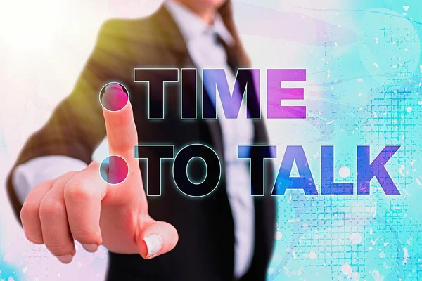 Escribiendo una nota que muestra el tiempo para hablar. Exposición de fotos de negocios para discutir con un individuo a fondo o para transmitir información . — Foto de Stock