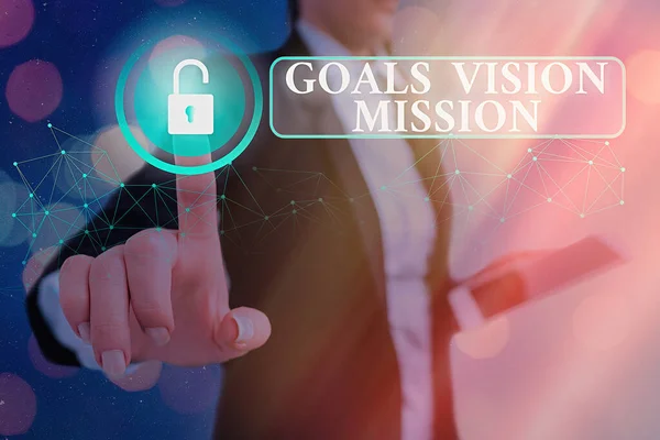 Pisanie notatki pokazujące cele Vision Mission. Business Photo prezentuje praktyczny proces planowania używany do pomocy grupy społeczności. — Zdjęcie stockowe