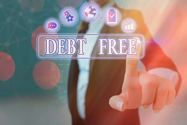 Escritura a mano conceptual mostrando Debt Free. Exhibición de la foto del negocio no posee ningún dinero a cualquier individuo o compañías . — Foto de Stock