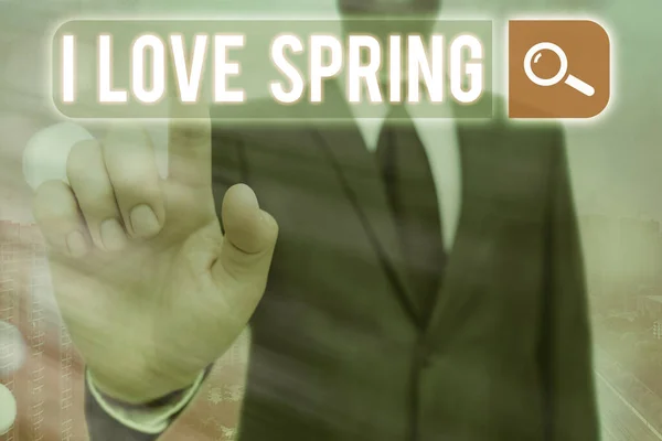 Tekst pisma kocham wiosnę. Koncepcja oznacza mówienie, dlaczego ma silne uczucie do tego sezonu. — Zdjęcie stockowe