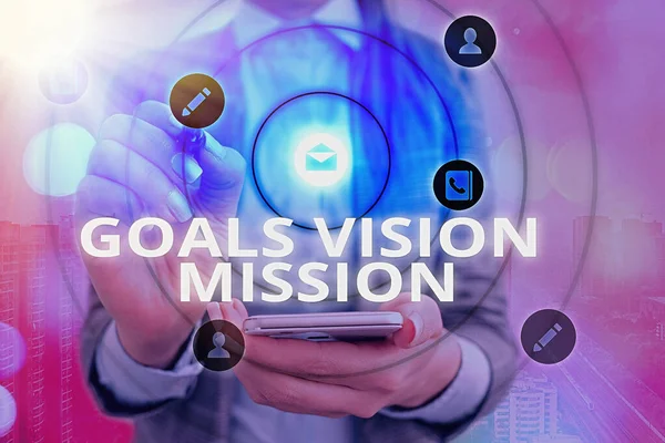 Handschrift Text schreiben Ziele Vision Mission. Konzept, d.h. praktischer Planungsprozess, der der Gemeinschaft hilft. — Stockfoto
