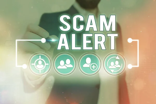 Word writing text scam alarm. Geschäftskonzept für betrügerische Erlangung von Geld vom Opfer durch Überredung. — Stockfoto