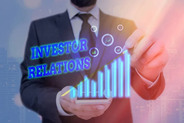 Ordskrivning text Investor Relations. Affärsidé för ledningsansvar som integrerar finansiering. — Stockfoto