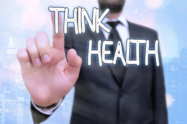 Schrijf notitie met think Health. Zakelijke fotopresentatie van de staat van de volledige fysieke mentale en sociale welzijn. — Stockfoto