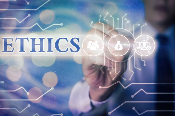 Word writing text Ethics. Business concept for the moral philosophy or code of morals practiced by an individual. — Stock Photo, Image