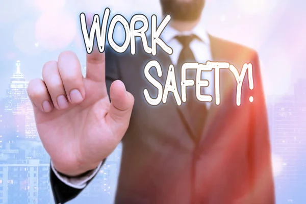 Nota escrita que muestra la seguridad en el trabajo. Fotografía comercial que muestra las políticas y procedimientos establecidos para garantizar la salud de los empleados . — Foto de Stock