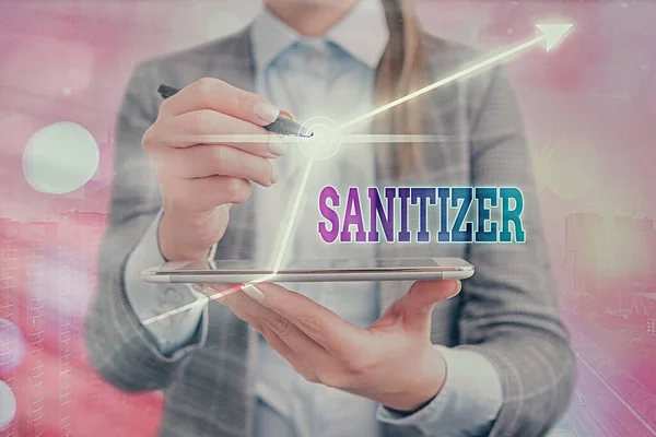 Sanitizer 를 보여 주는 문자 표지판. 일반적으로 감염 물질을 감소시키기 위해 사용되는 콘셉트 사진 액체나 겔. — 스톡 사진