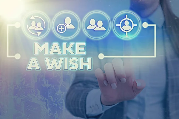 Skriva lapp som visar Make A Wish. Affärsfoto visar att önska en situation som skiljer sig från den som finns. — Stockfoto
