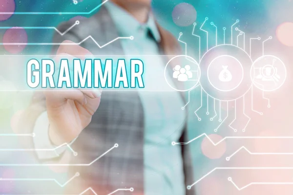 Tekst: Grammar. Forretningskonsept for hele systemstrukturen språksyntaks og morfologi . – stockfoto