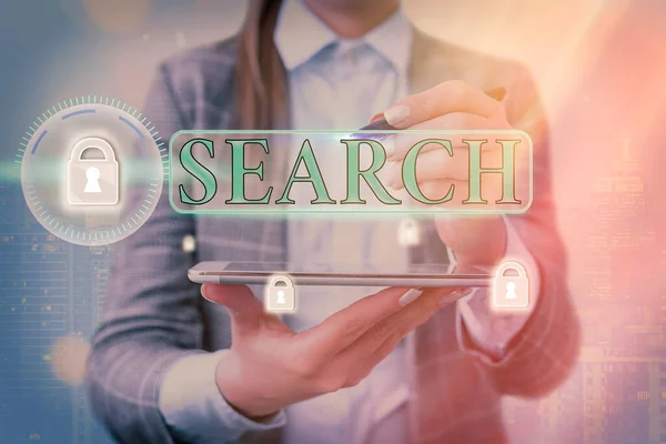 Konzeptuelle Handschrift, die Suche zeigt. Business-Foto präsentiert versuchen, etwas zu finden, indem Sie suchen oder anderweitig suchen sorgfältig. — Stockfoto