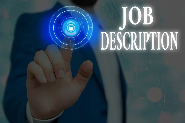 Text sign showing Job Description. Conceptual photo a formal account of an employee s is responsibilities. — Stock Photo, Image