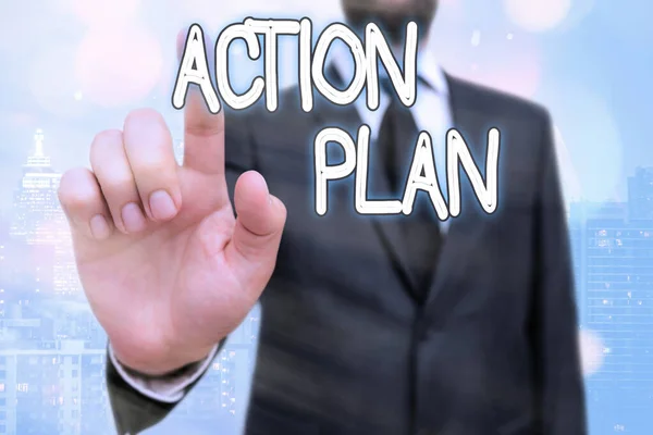 Writing note showing Action Plan. Business photo showcasing proposed strategy or course of actions for certain time.