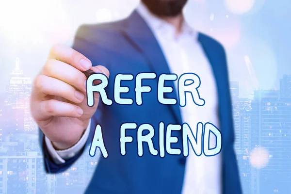 Handwriting text Refer A Friend. Concept meaning direct someone to another or send him something like gift. — Stock Photo, Image