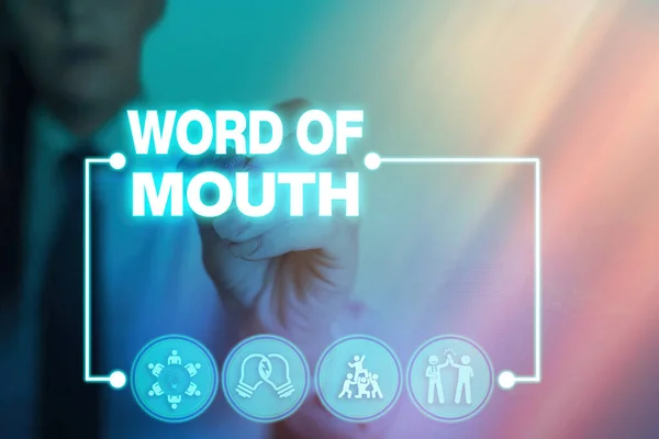Conceptual hand writing showing Word Of Mouth. Business photo text information that is transmitted without being written down. — Stock Photo, Image