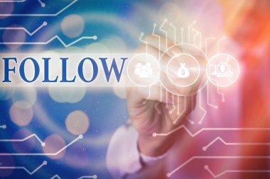 Kelime yazma metni Takip. Bir şeyin zaman, mekan ya da dizinin parçası olarak peşine düşmek için iş konsepti.