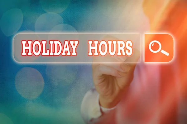 Writing note showing Holiday Hours. Business photo showcasing employee receives twice their normal pay for all hours. — Stock Photo, Image