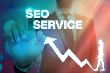 Seo Service yazılı el yazısı metin. Kavram anlamı teknikleri ve prosedürleri web sitesi görünürlüğünü artırmak için.