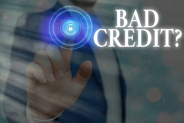 Tekstskilt som viser Bad Creditquestion. Begrepsbilde av en person som ikke er i stand til å tilbakebetale en gjeld i tide og full . – stockfoto