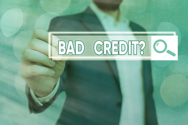 Tekst skrevet av Bad Creditquestion. Forretningskonsept for en persons manglende evne til å tilbakebetale gjeld i tide og i sin helhet . – stockfoto