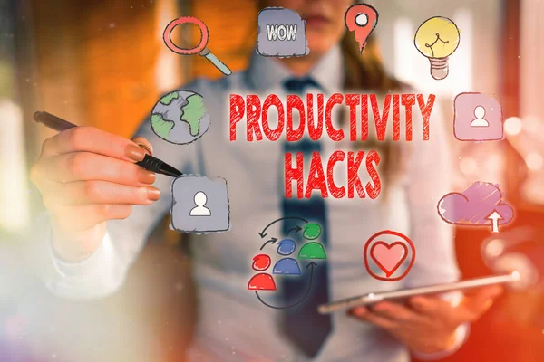 Signe texte montrant Productivity Hacks. Trucs photo conceptuels que vous obtenez plus fait dans la même quantité de temps . — Photo