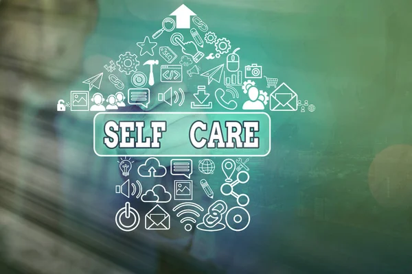Writing note showing Self Care. Business photo showcasing practice of taking action to preserve or improve ones own health. — Stock Photo, Image