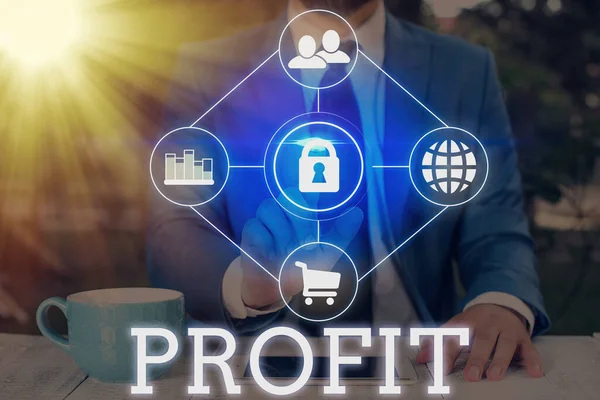 Szövegírás Profit. Üzleti koncepció a kereskedelemben vagy az üzleti életben a költségek kifizetése után szerzett pénzre. — Stock Fotó