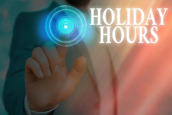 Text sign showing Holiday Hours. Conceptual photo employee receives twice their normal pay for all hours. — Stock Photo, Image