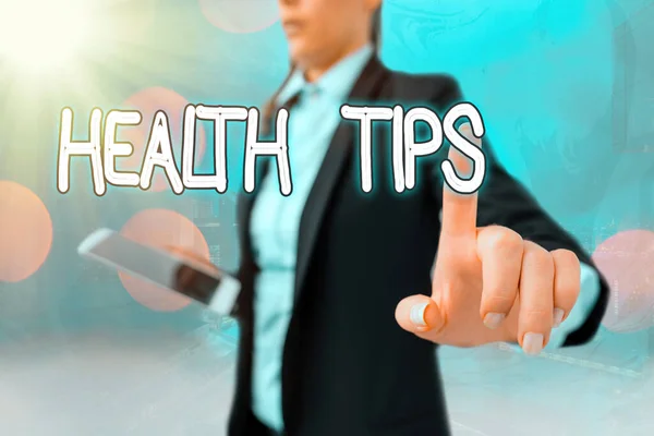 Writing note showing Health Tips. Business photo showcasing advice or information given to be helpful in being healthy. — Stock Photo, Image