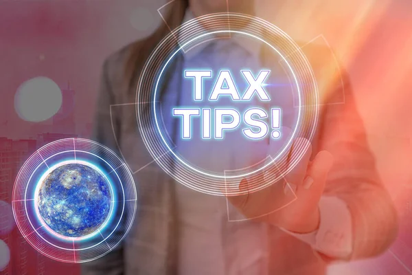 Conceptual hand writing showing Tax Tips. Business photo showcasing compulsory contribution to state revenue levied by government Elements of this image furnished by NASA. — Stock Photo, Image