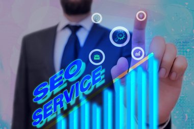 Kelime yazma Seo Servisi. Web sitesinin görünürlüğünü artırmak için teknikler ve prosedürler konsepti.