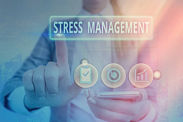 Skriva anteckning som visar stress hantering. Affärs foto visar metod för att begränsa stress och dess effekter genom att lära sätt. — Stockfoto