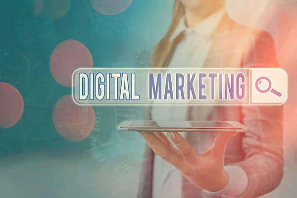 Signo de texto que muestra Marketing Digital. Productos o servicios conceptuales del mercado fotográfico que utilizan tecnologías en Internet . — Foto de Stock