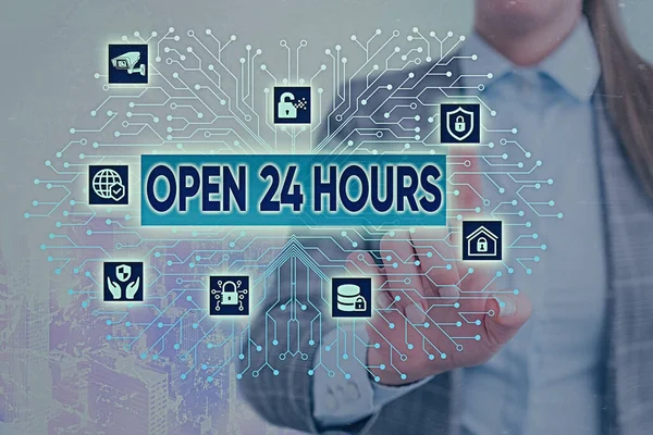 Textzeichen mit Open 24 Hours. Konzeptfoto den ganzen Tag und die ganze Nacht verfügbar, ohne zu schließen oder anzuhalten. — Stockfoto