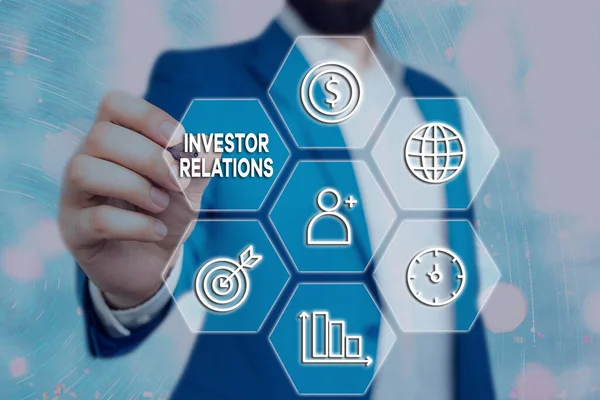 Escritura manual conceptual que muestra las relaciones con los inversores. Foto de negocios mostrando la responsabilidad de gestión que integra las finanzas . — Foto de Stock